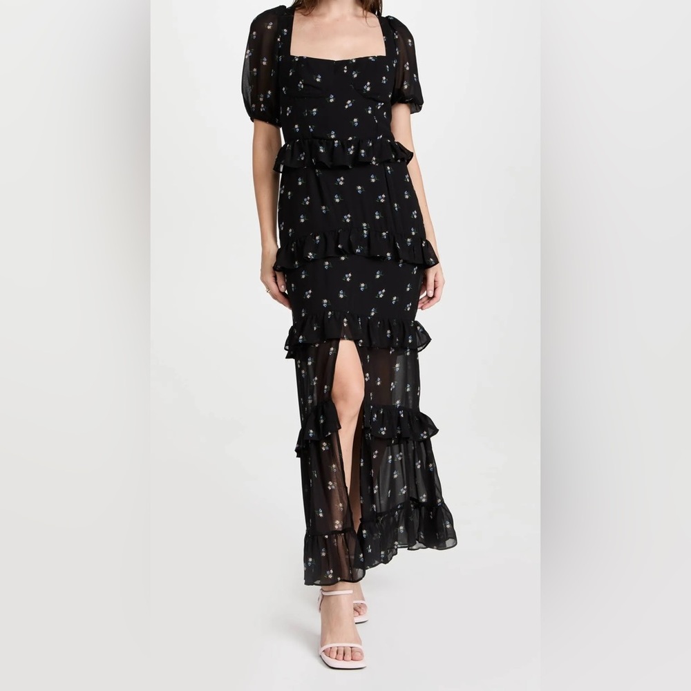 WAYF Cici Bustier Tiered Maxi Dress in Black Ditsy, Size Small - Picture 2 of 10